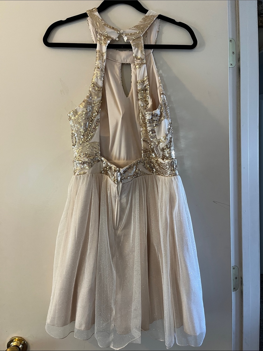 Xtraordinary Gold and Cream Sequin Halter Formal Dress - Picture 4 of 5